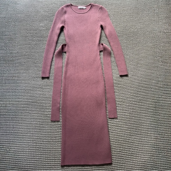 ANRABESS Crewneck Tie Waist Slim Fit Knit Slit Midi Dress, Purple - Picture 6 of 14